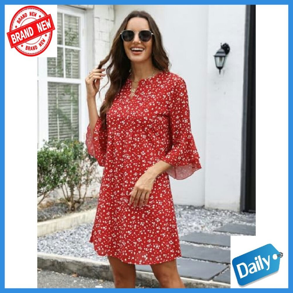Lightweight Floral 3/4 Sleeve V-Neck A-Line Dress Casual Summer - Picture 4 of 7